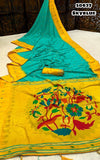 Soft Paithani silk printed saree with brasso style print & piping border with paithani pallu & contrast embroidery work blouse-TANI001PS