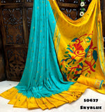 Soft Paithani silk printed saree with brasso style print & piping border with paithani pallu & contrast embroidery work blouse-TANI001PS