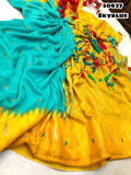 Soft Paithani silk printed saree with brasso style print & piping border with paithani pallu & contrast embroidery work blouse-TANI001PS