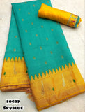 Soft Paithani silk printed saree with brasso style print & piping border with paithani pallu & contrast embroidery work blouse-TANI001PS