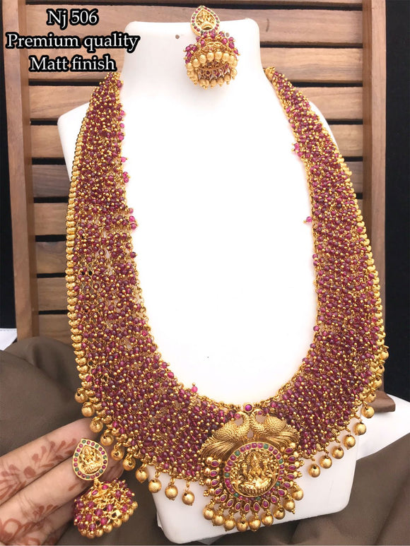 Geetha Ruby ,Ruby Pink  beads Maggam work long necklace set for women -GEET001MWR