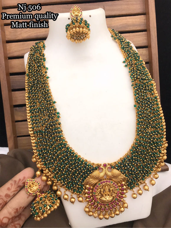 Geetha  Green , Green beads Maggam work long necklace set for women -GEET001MWG