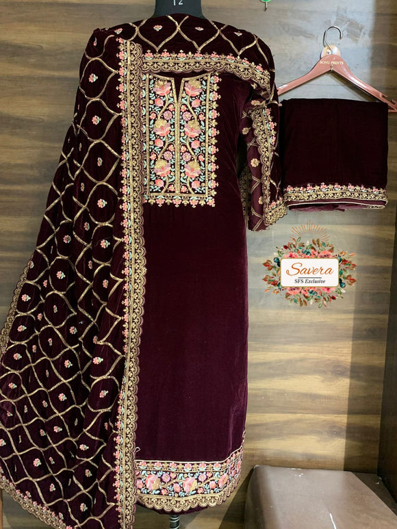Plum  Wine Color Velvet Embroidered Salwar Suit Material for Women -RIDA001VPW