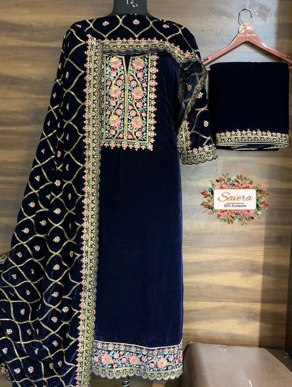 Deep Blue  Color Velvet Embroidered Salwar Suit Material for Women -RIDA001VDB
