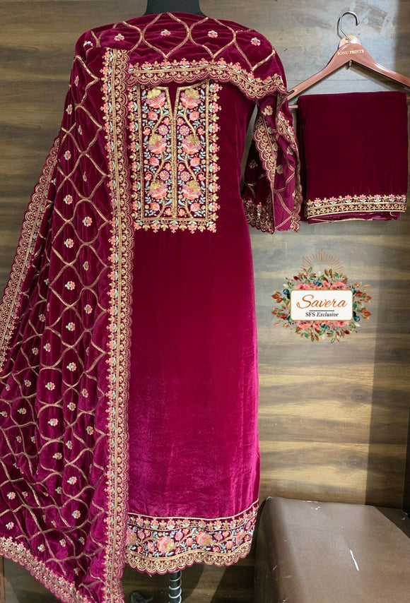 Magenta Pink  Color Velvet Embroidered Salwar Suit Material for Women -RIDA001VMP