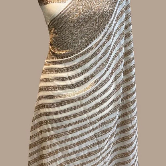 White  elegant Kaddi Georgette Saree with Golden Banarasi Stripes-RIDA001KGW