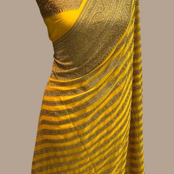 Yellow elegant Kaddi Georgette Saree with Golden Banarasi Stripes-RIDA001KGY