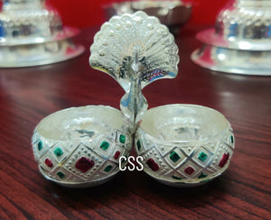 Set of 10 , Peacock design silver finish pasupu kumkuma holder for return gift purpose-CZY001PK