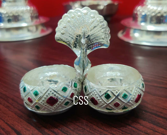 Set of 10 , Peacock design silver finish pasupu kumkuma holder for return gift purpose-CZY001PK