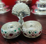 Set of 10 , Peacock design silver finish pasupu kumkuma holder for return gift purpose-CZY001PK