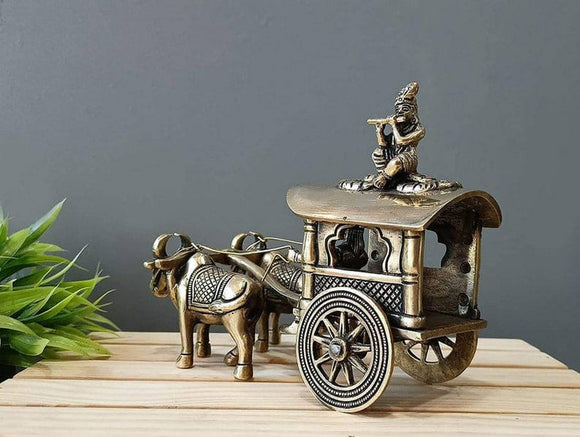 Elegant Brass Krishna on Cart table decor-GRIH001KC