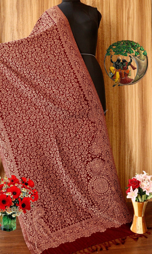 Maroon shade Pashmina weaving Kashmiri Design  woolen stole  for women -RIDA001KSM