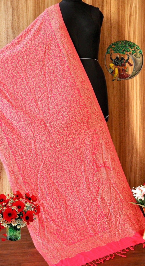 Pink  shade Pashmina weaving Kashmiri Design  woolen stole  for women -RIDA001KPK