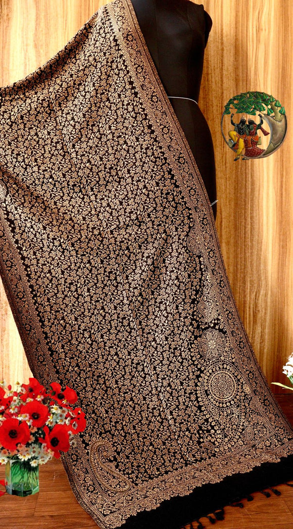 Black  shade Pashmina weaving Kashmiri Design  woolen stole  for women -RIDA001KBL