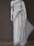Tiara , elegant White Semi Raw Silk  Saree with Cut work  with Blouse  Piece -KIA001WP