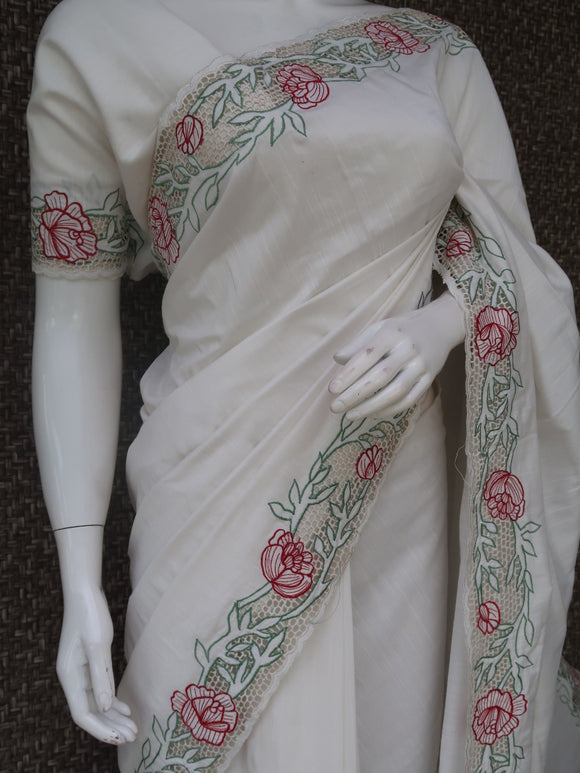 Tiara , elegant White Semi Raw Silk  Saree with Cut work  with Blouse  Piece -KIA001WP