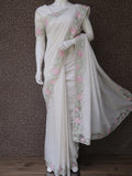 Pink Tiara , elegant White Semi Raw Silk  Saree with Cut work  with Blouse  Piece -KIA001WPK