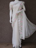 Pink Tiara , elegant White Semi Raw Silk  Saree with Cut work  with Blouse  Piece -KIA001WPK