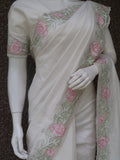 Pink Tiara , elegant White Semi Raw Silk  Saree with Cut work  with Blouse  Piece -KIA001WPK