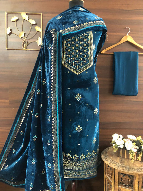 Blue   Elegant Velvet Salwar Suit Material for Women -FOF001VB