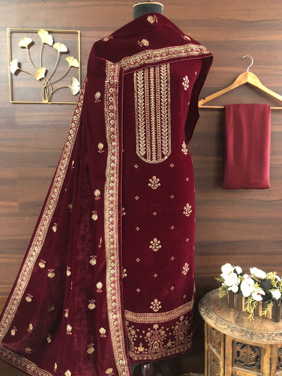 Maroon  Elegant Velvet Salwar Suit Material for Women -FOF001VM