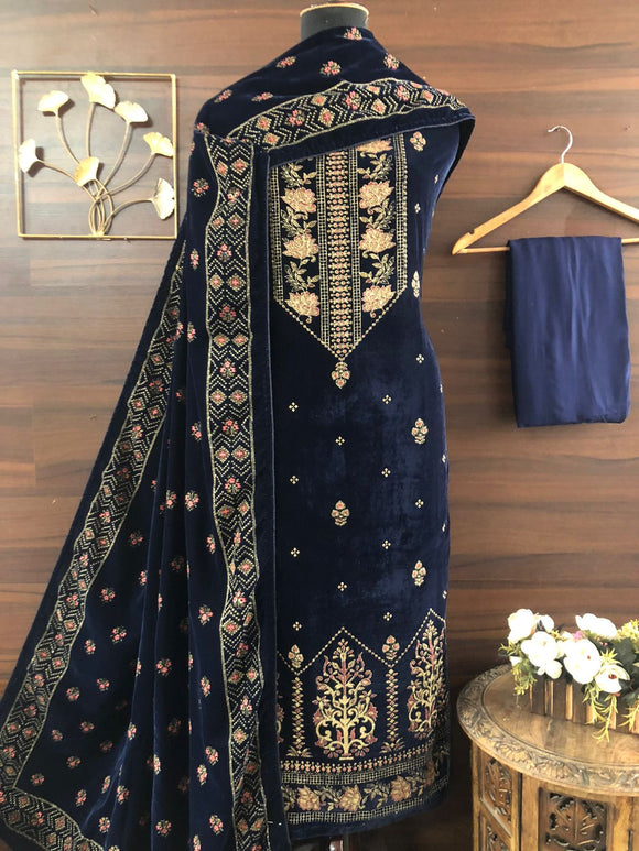 Blue Elegant Velvet Salwar Suit Material for Women -FOF001V