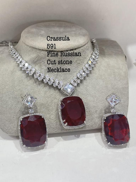 Red Rose ,Elegant Platinum finish Fine Russian Cut Necklace Set with Large Stone Pendant and Earrings for women -MOE001SNSRR