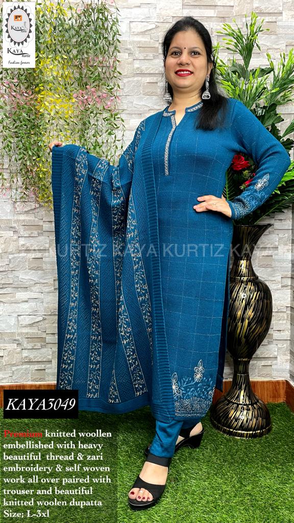 Kaya Kurtiz , elegant Blue   shade Woolen Kurti with pants and Dupatta  for Women -MIX001KKBL