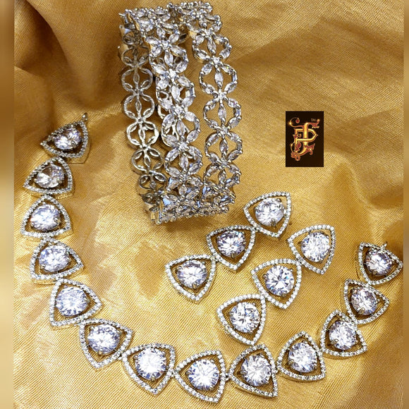 White  stones, Premium Quality original AAA star cut CZ stone   necklace  set with  bangles combo-JR001NBCW