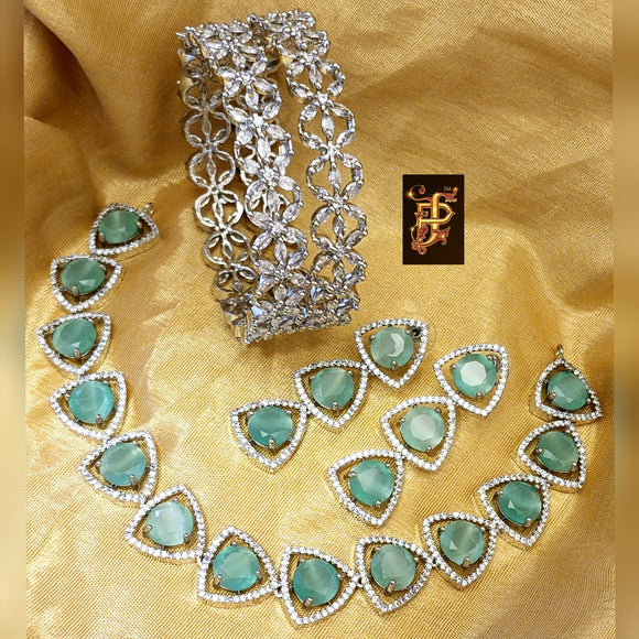 Pastel Green  stones, Premium Quality original AAA star cut CZ stone   necklace  set with  bangles combo-JR001NBCPG