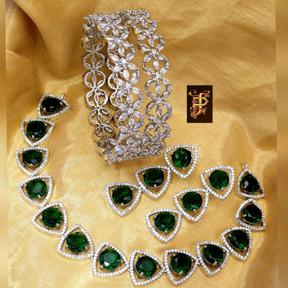 Deep Green  stones, Premium Quality original AAA star cut CZ stone   necklace  set with  bangles combo-JR001NBCDG