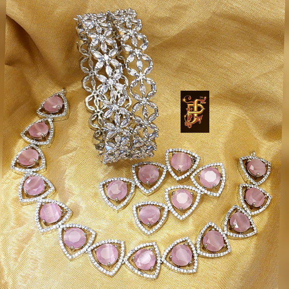 Pastel Pink stones, Premium Quality original AAA star cut CZ stone   necklace  set with  bangles combo-JR001NBCPP