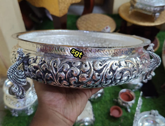 Manasi ,  Antique  Finish German silver washable peacock design urli -SILLA001U