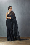Black shade Pure organza Saree with heavy embroidery thread work all over and digital print silk blouse-GARI001BOS