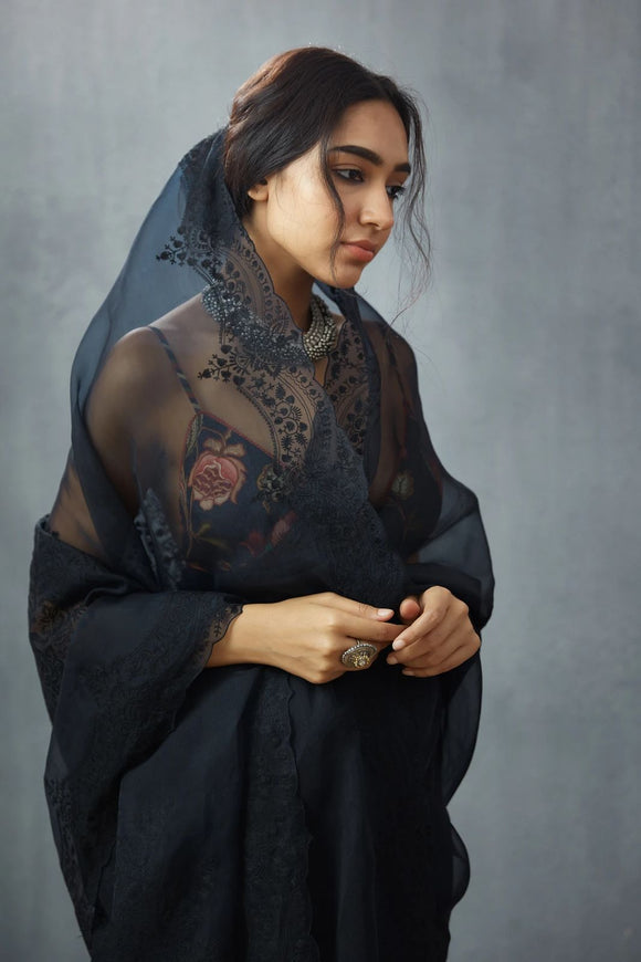 Black shade Pure organza Saree with heavy embroidery thread work all over and digital print silk blouse-GARI001BOS