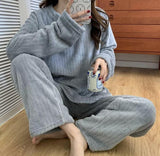 Grey  Beautiful Women Pajama Sets Flannel Solid Plus Velvet Thicker Home wear -PANK001