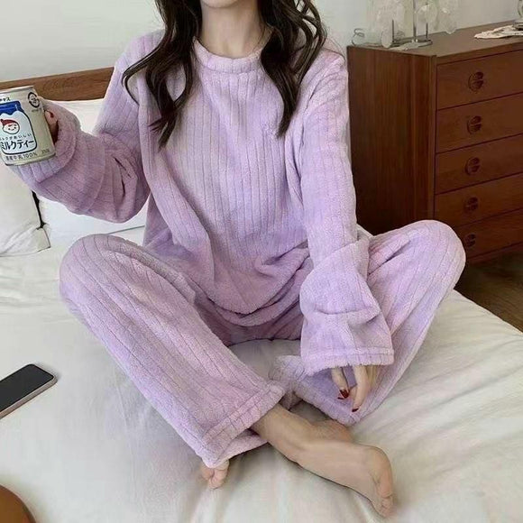 Lilac  Beautiful Women Pajama Sets Flannel Solid Plus Velvet Thicker Home wear -PANK001L