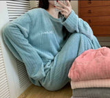 Light Blue   Beautiful Women Pajama Sets Flannel Solid Plus Velvet Thicker Home wear -PANK001LB