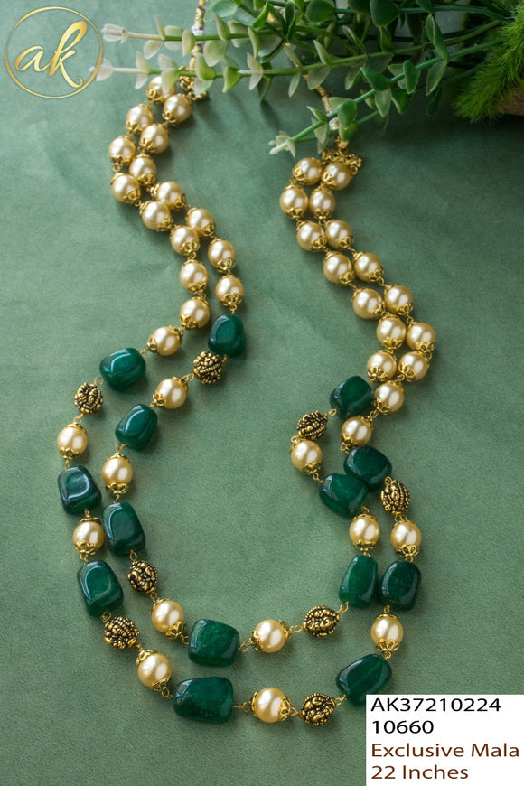 Rohini, Elegant Green and Pearl double stranded chain for women -LR001PCGR