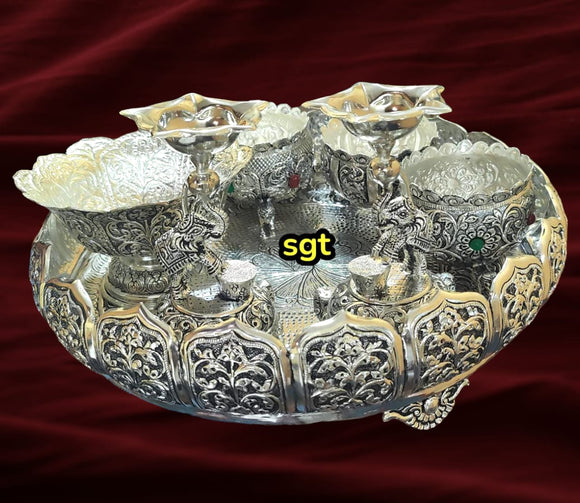 Dhan Lakshmi, Elegant Antique Fnish German Silver Puja Thali Set-SILA001PT