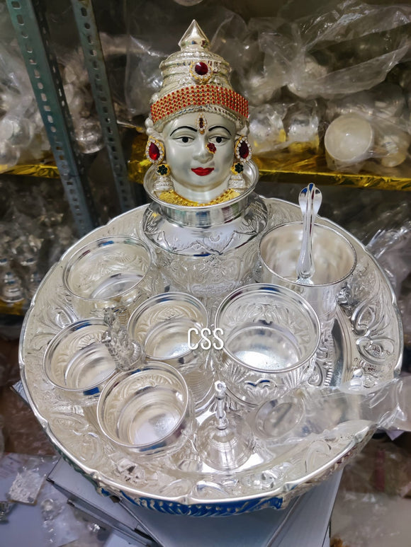 Swasika, elegant German Silver Puja Thali Set with Amman Face-CZY001AF