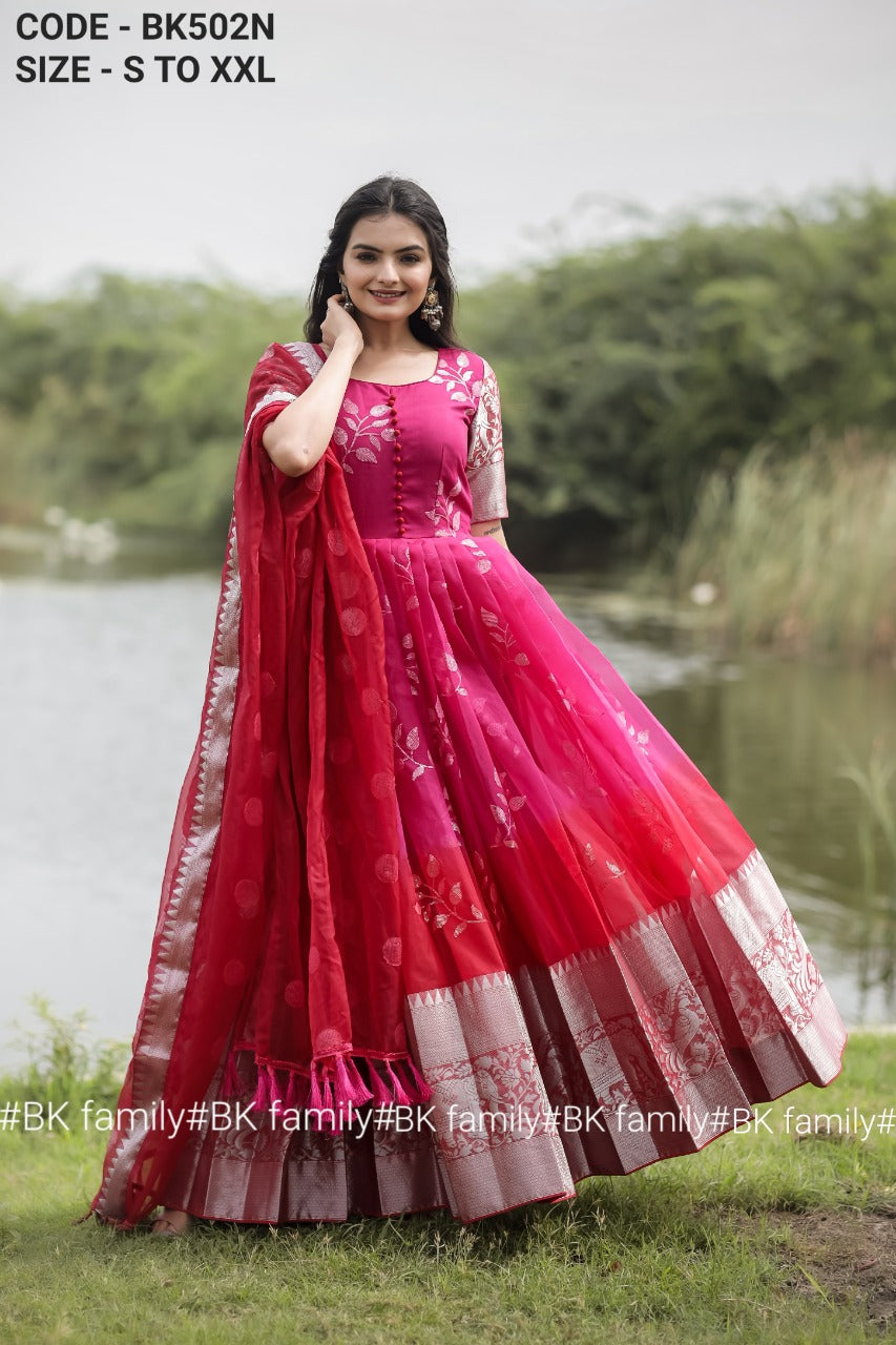 Pink and Red Colored Party Wear Gown in Organza Material-TANI001PWG –