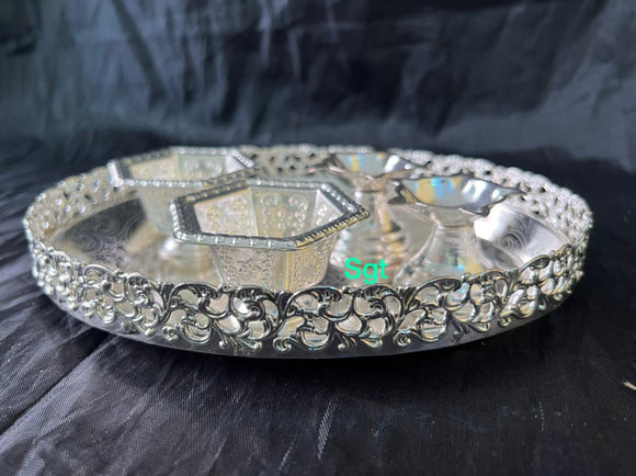 Aishwarya, full set impressive German silver washable tray with German silver washable kum kum bowls-SILA001PT