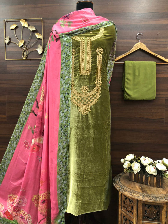 Pink and Green shade Elegant Velvet Salwar Suit Material For Women-RIDA001VSB