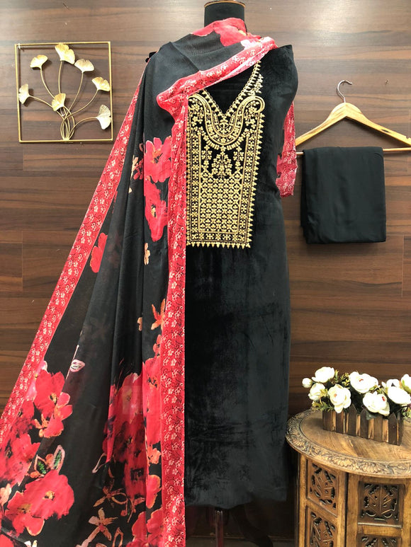 Black and Pink shade Elegant Velvet Salwar Suit Material For Women-RIDA001VBP