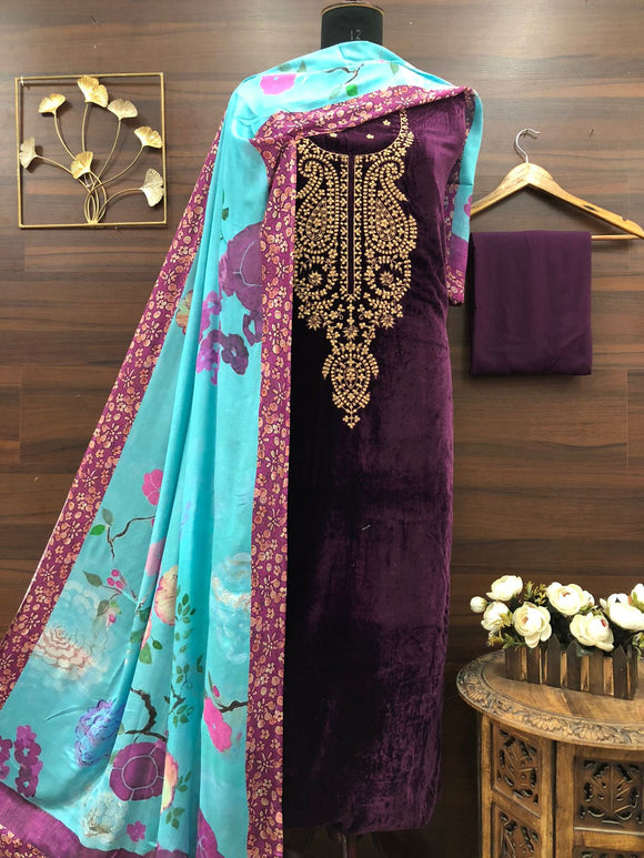 Blue and Grapewine  shade Elegant Velvet Salwar Suit Material For Women-RIDA001VBGW
