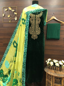 Yellow and Green  shade Elegant Velvet Salwar Suit Material For Women-RIDA001VYG