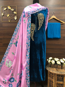 Pink and Blue  shade Elegant Velvet Salwar Suit Material For Women-RIDA001VPB