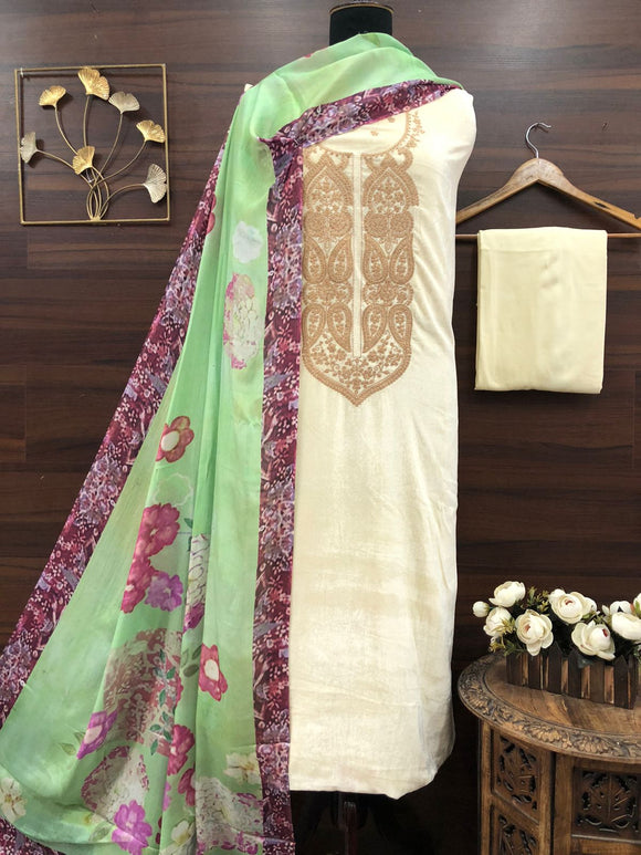 White and Green  shade Elegant Velvet Salwar Suit Material For Women-RIDA001VWG