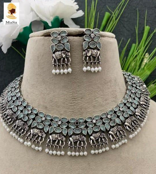 Sangini,Pastel Green stones studded elegant Oxidised Silver Finish Necklace set for women -SANDY001PG